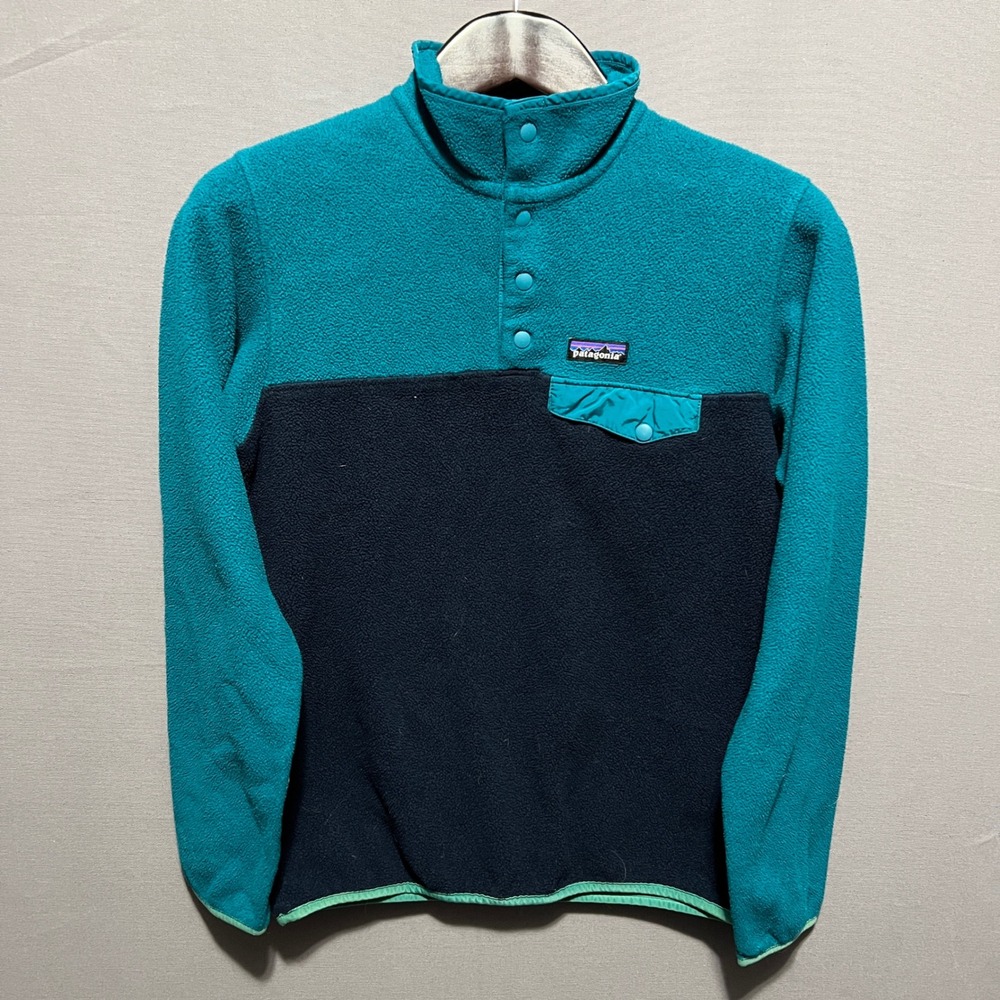 Patagonia Synchilla SnapT Fleece Pullover Teal Navy Blue Colorblock Womens Small